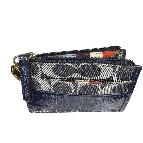 COACH Legacy Stripe Denim Mini Skinny ID Case Card Wallet Keychain Blue Leather - Picture 11 of 12